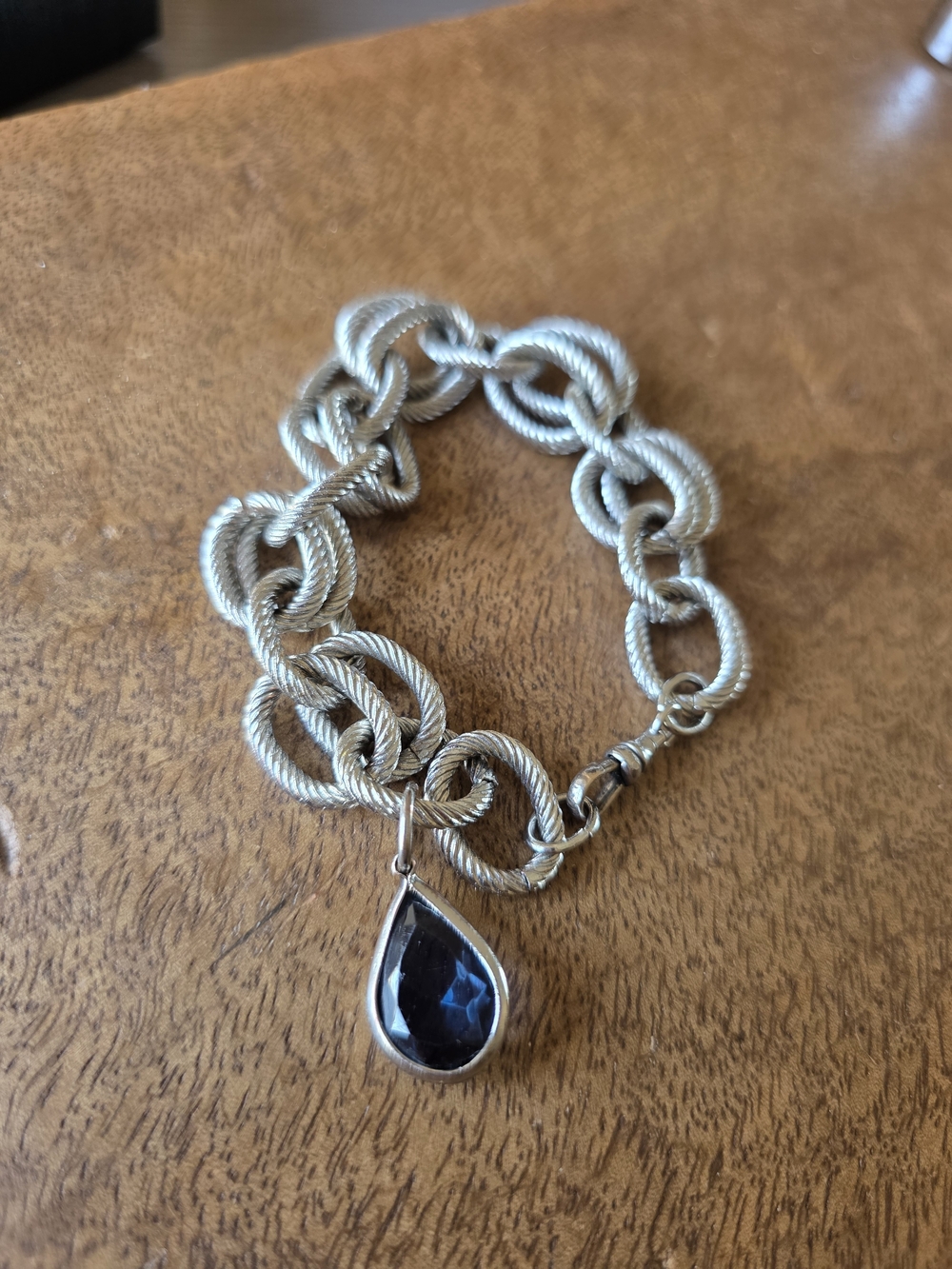 Silver Tone Chunku Chain Bracelet with Blue Teardrop Charm